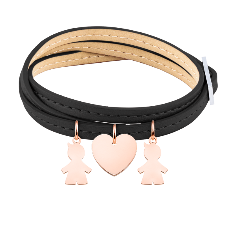 Bracelet Personnalisé Plusieurs Fils en Cuir Noir - Rosegold - 61