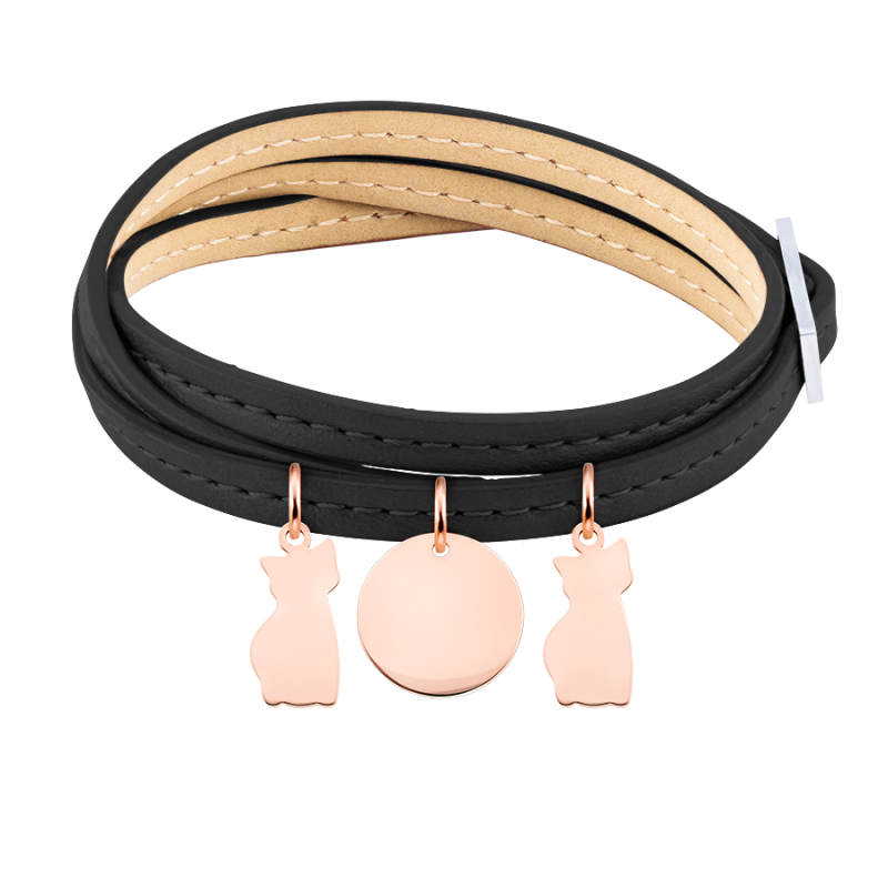 Bracelet Personnalisé Plusieurs Chats en Cuir Noir - Rosegold - 61