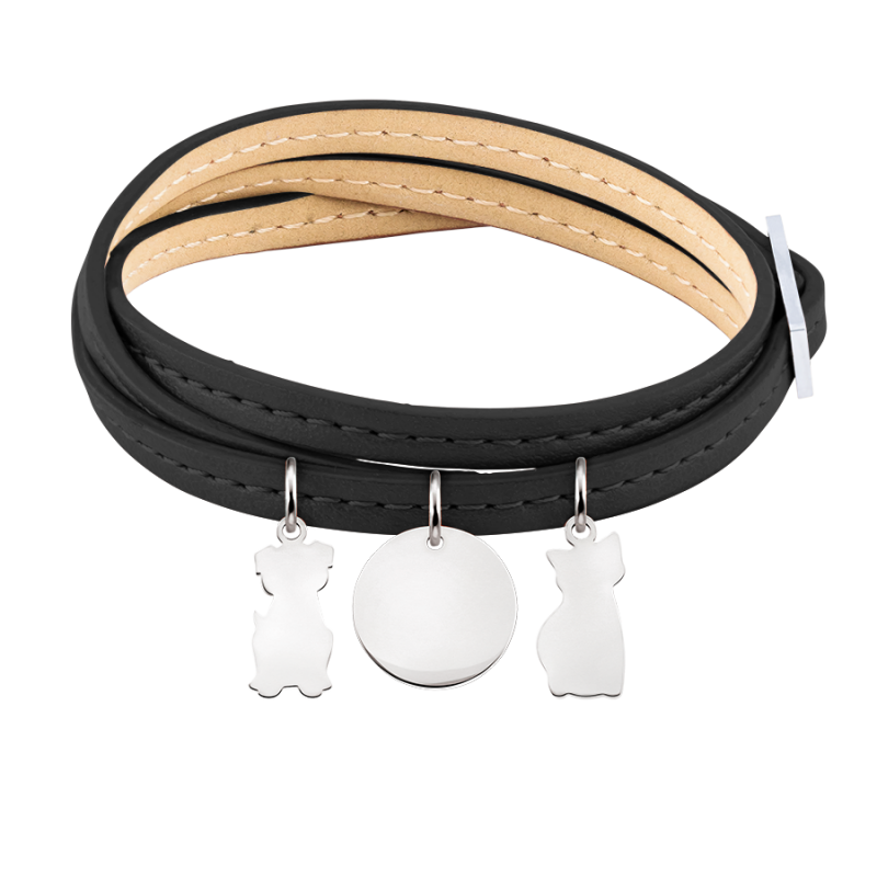 Bracelet Personnalisé Plusieurs Chiens en Cuir Noir - Silver - 60