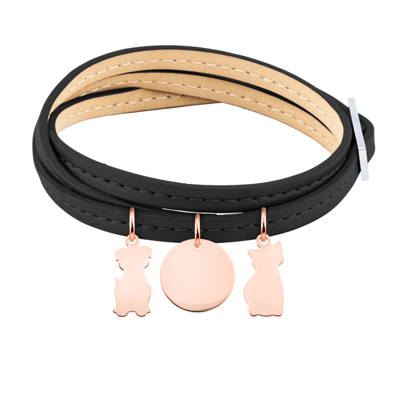 Bracelet Personnalisé Plusieurs Chiens en Cuir Noir - Rosegold - 61