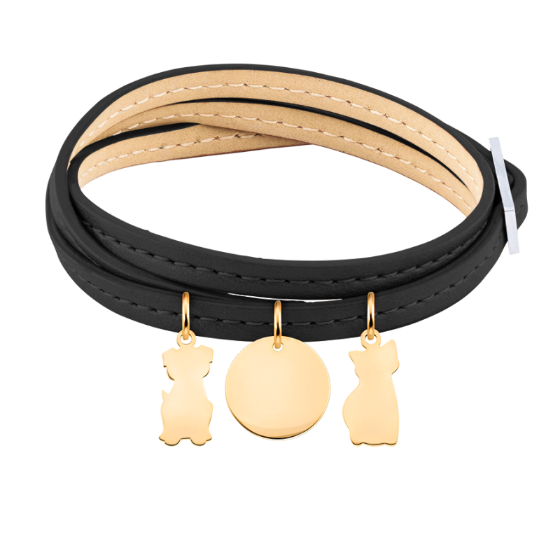 Bracelet Personnalisé Plusieurs Chiens en Cuir Noir - Gold - 62