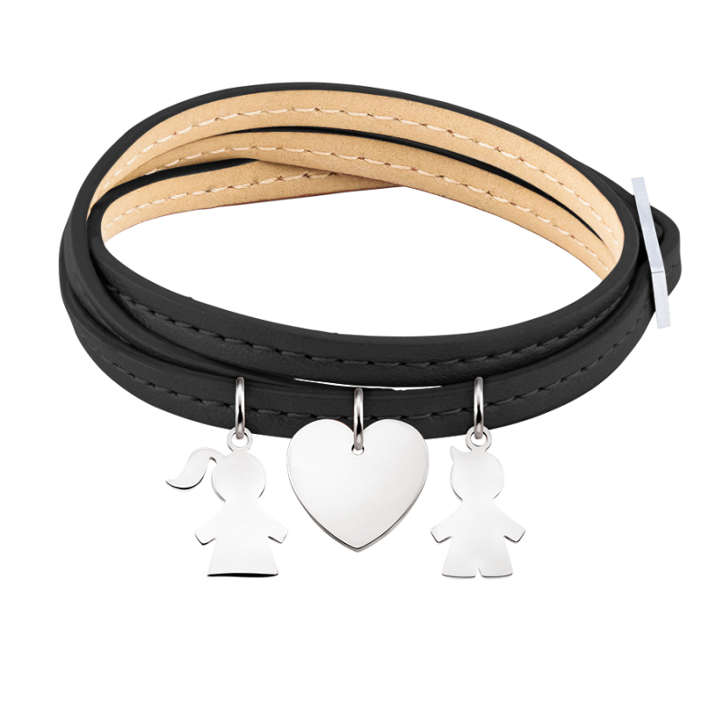 Bracelet Personnalisé Fils & Fille en Cuir Noir - Silver - 60