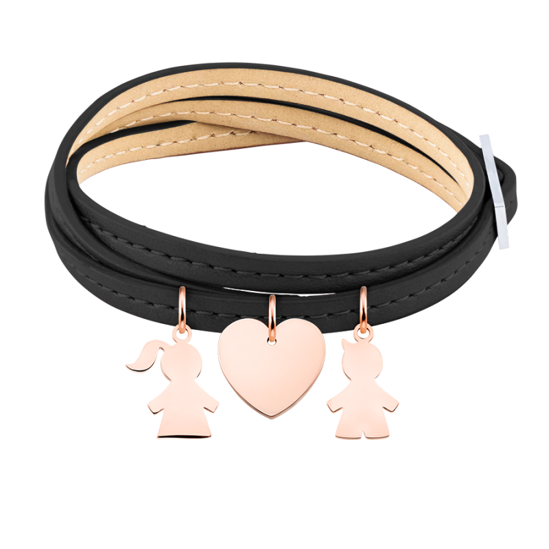 Bracelet Personnalisé Fils & Fille en Cuir Noir - Rosegold - 61