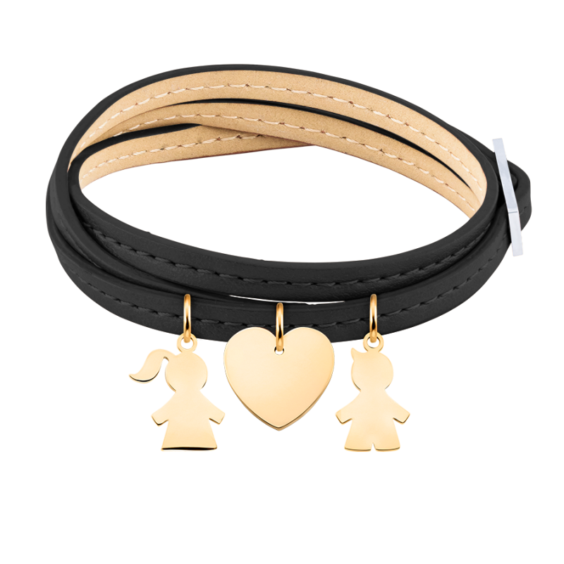 Bracelet Personnalisé Fils & Fille en Cuir Noir - Gold - 62