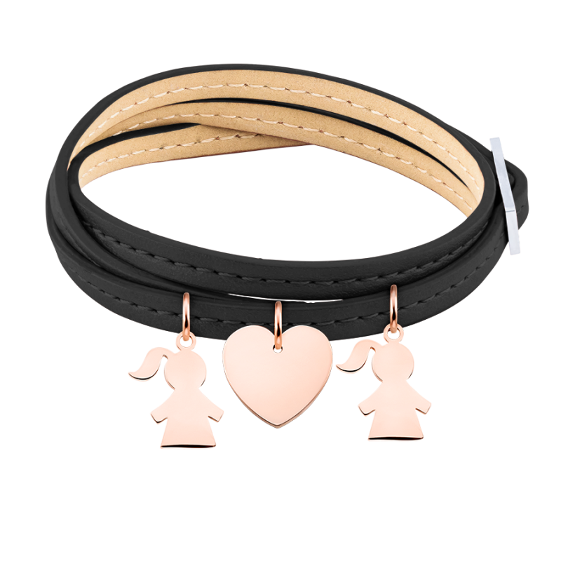 Bracelet Personnalisé Plusieurs Filles en Cuir Noir - Rosegold - 61