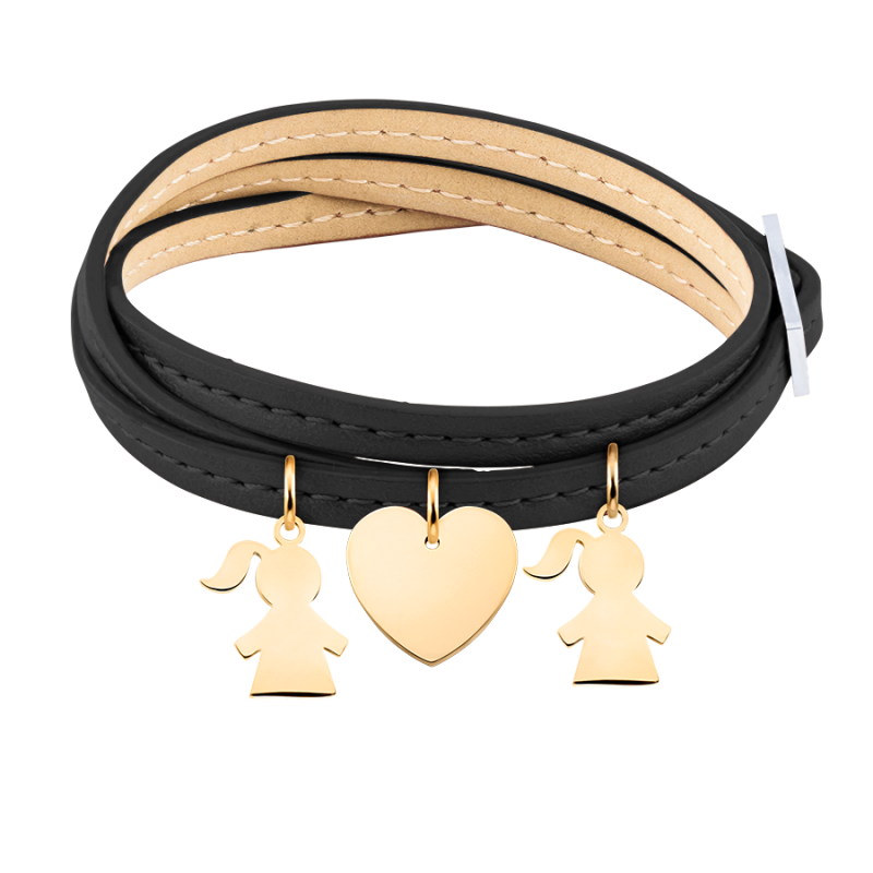 Bracelet Personnalisé Plusieurs Filles en Cuir Noir - Gold - 62