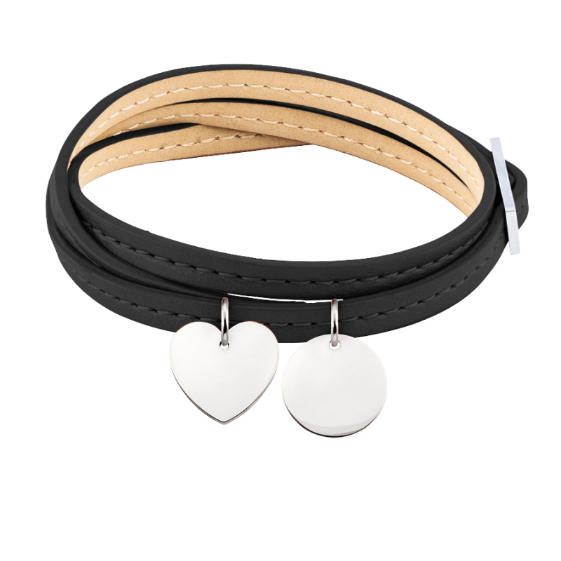 Bracelet Personnalisé Coeur & Cercle en Cuir Noir - Silver - 60