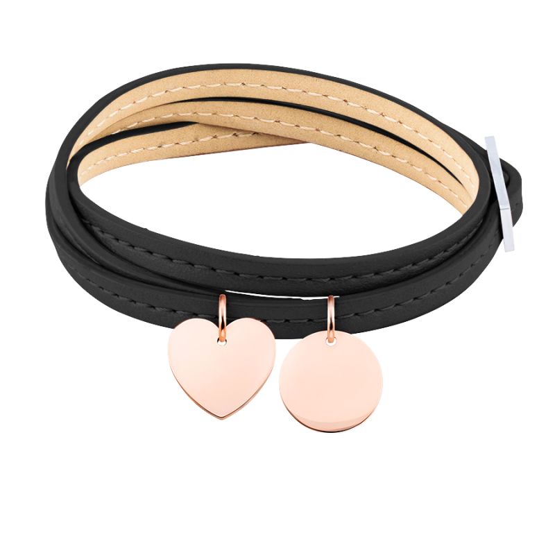 Bracelet Personnalisé Coeur & Cercle en Cuir Noir - Rosegold - 61