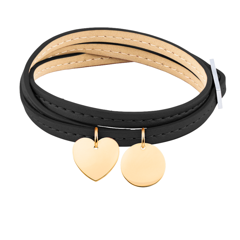 Bracelet Personnalisé Coeur & Cercle en Cuir Noir - Gold - 62