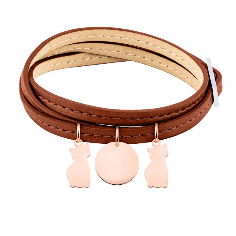 Bracelet Personnalisé Plusieurs Chats en Cuir Marron - Rosegold - 61