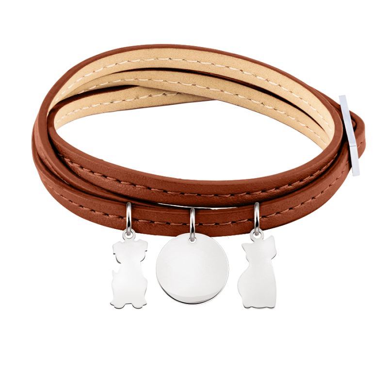 Bracelet Personnalisé Chien et Chat en Cuir Marron - Silver - 60