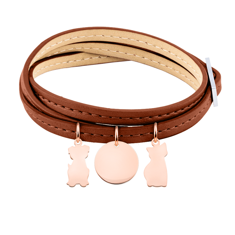 Bracelet Personnalisé Chien et Chat en Cuir Marron - Rosegold - 61