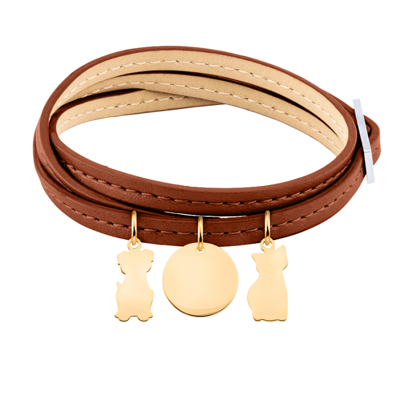 Bracelet Personnalisé Chien et Chat en Cuir Marron - Gold - 62