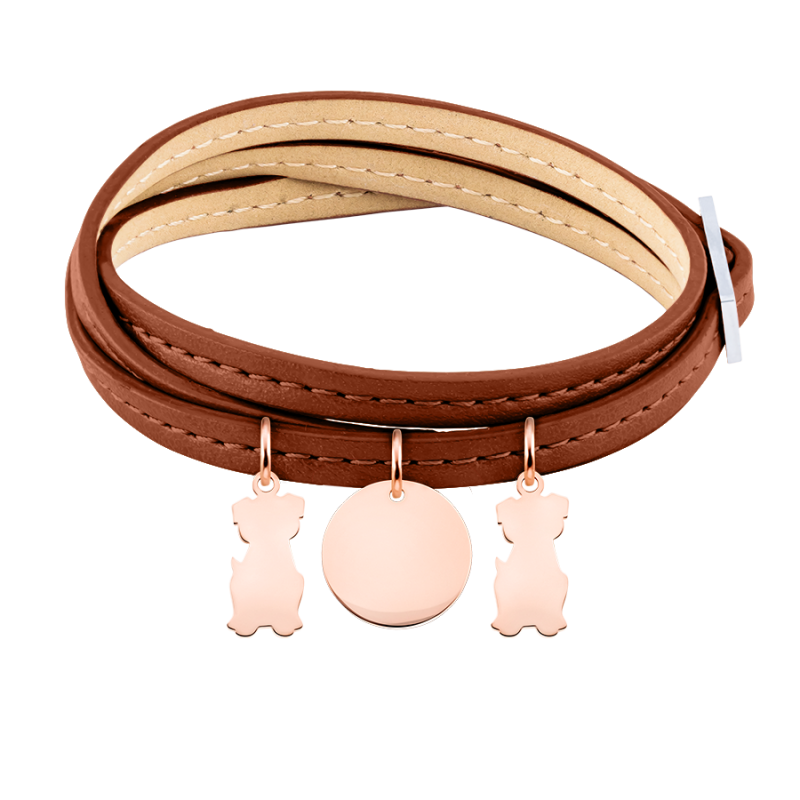 Bracelet Personnalisé Plusieurs Chiens en Cuir Marron - Rosegold - 61