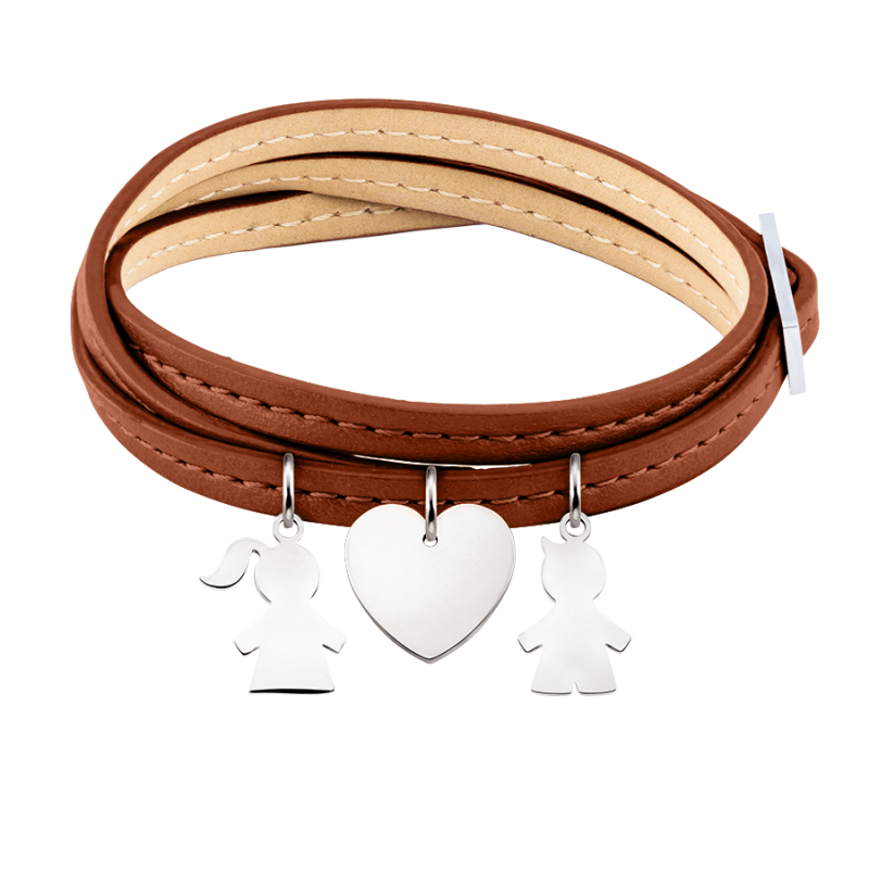 Bracelet Personnalisé Fils & Fille en Cuir Marron - Silver - 60