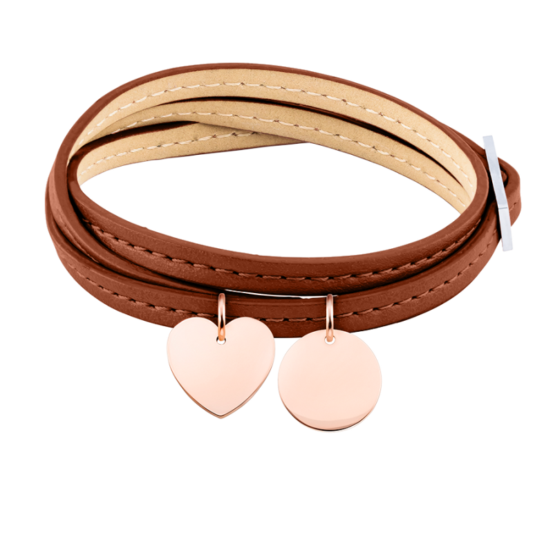 Bracelet Personnalisé Coeur & Cercle en Cuir Marron - Rosegold - 61