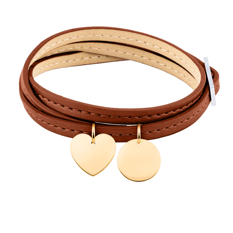 Bracelet Personnalisé Coeur & Cercle en Cuir Marron - Gold - 62