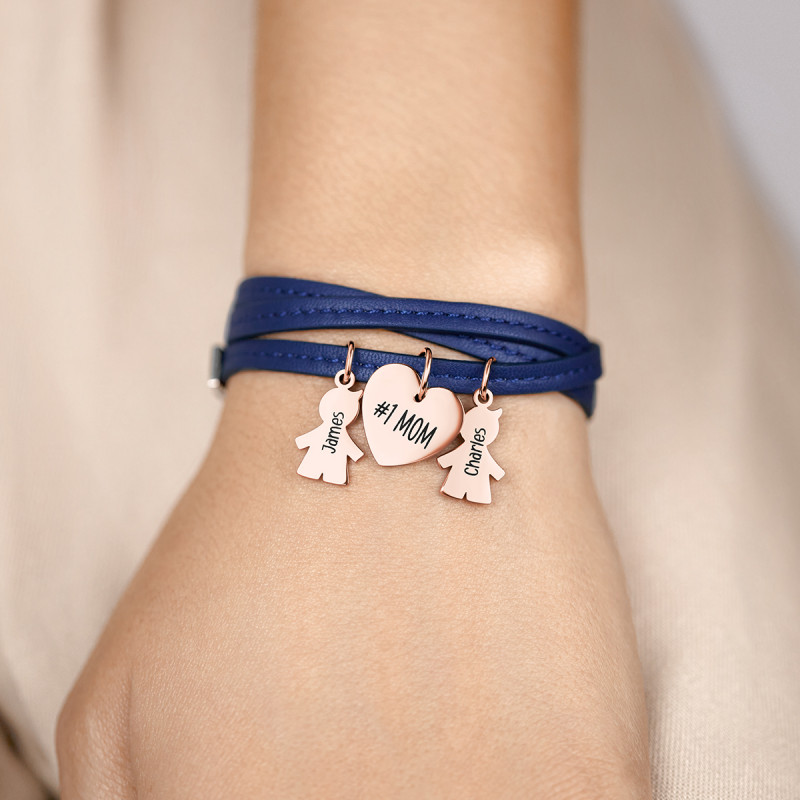 Bracelet Personnalisé Plusieurs Fils en Cuir Bleu - Rosegold - 61