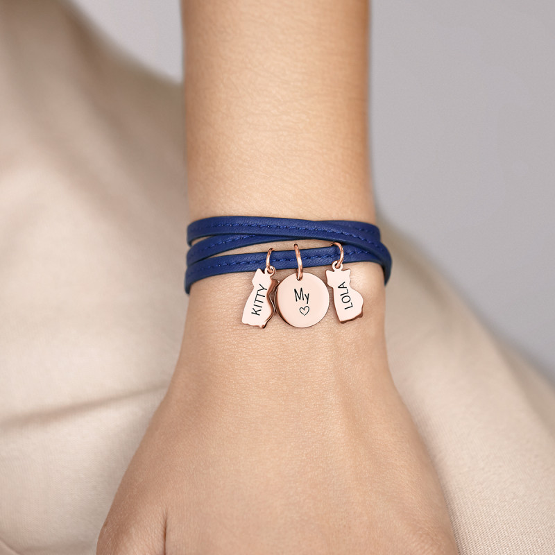 Bracelet Personnalisé Plusieurs Chats en Cuir Bleu - Rosegold - 61