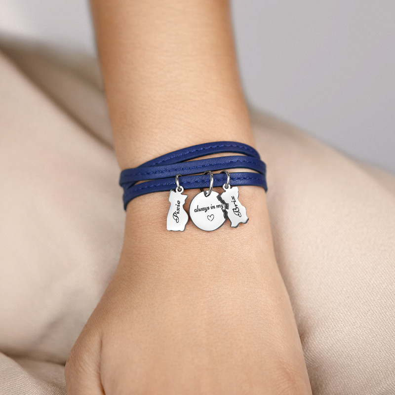 Bracelet Personnalisé Chat & Chien en Cuir Bleu