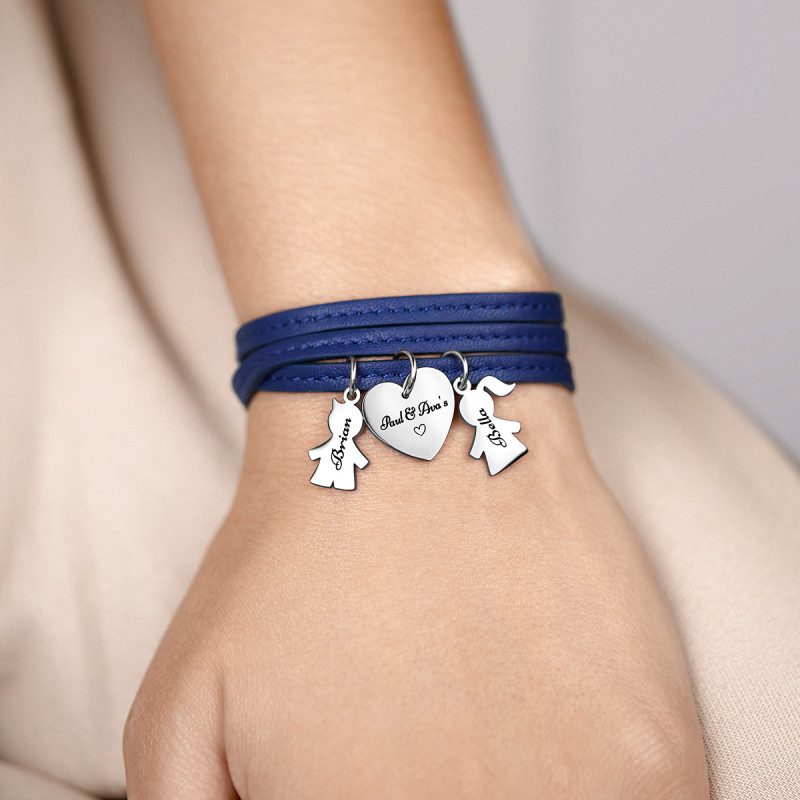 Bracelet Personnalisé Fils & Fille en Cuir Bleu