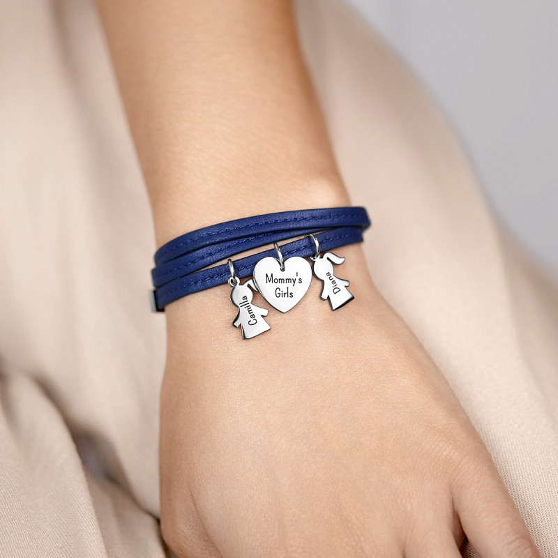 Bracelet Personnalisé Plusieurs Filles en Cuir Bleu