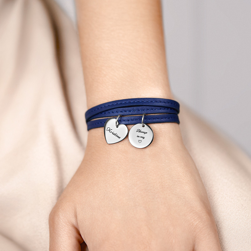 Bracelet Personnalisé Coeur & Cercle en Cuir Bleu