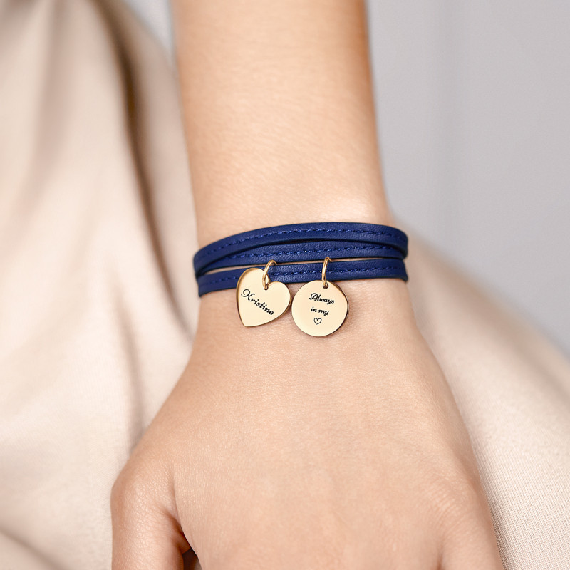 Bracelet Personnalisé Coeur & Cercle en Cuir Bleu - Gold - 62