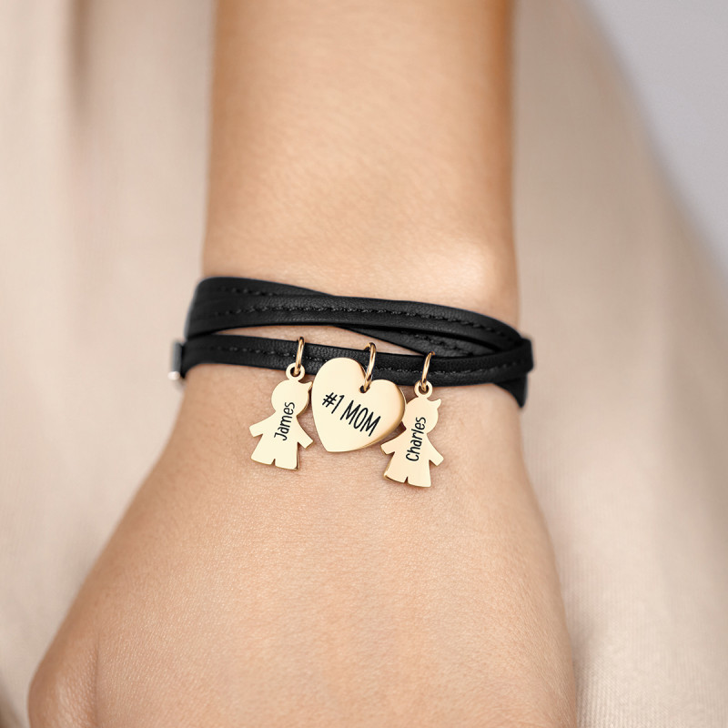 Bracelet Personnalisé Plusieurs Fils en Cuir Noir - Gold - 62