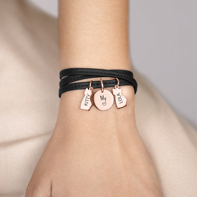 Bracelet Personnalisé Plusieurs Chats en Cuir Noir - Rosegold - 61