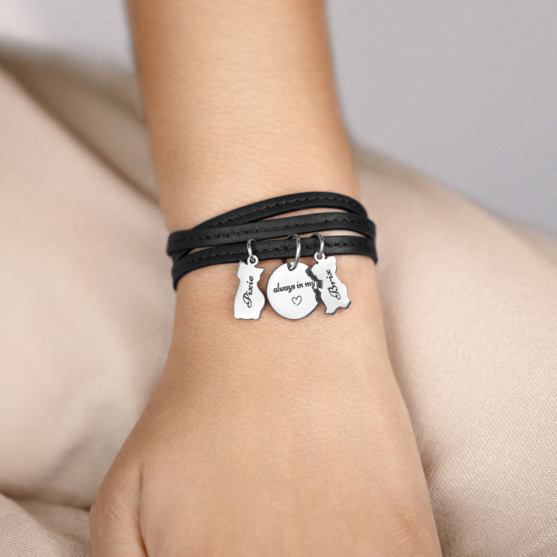 Bracelet Personnalisé Plusieurs Chats en Cuir Noir