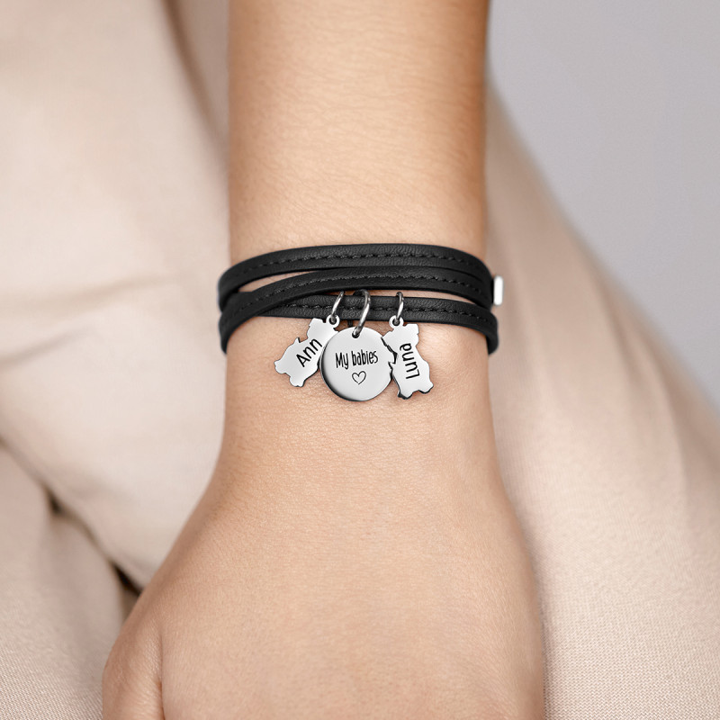 Bracelet Personnalisé Plusieurs Chiens en Cuir Noir