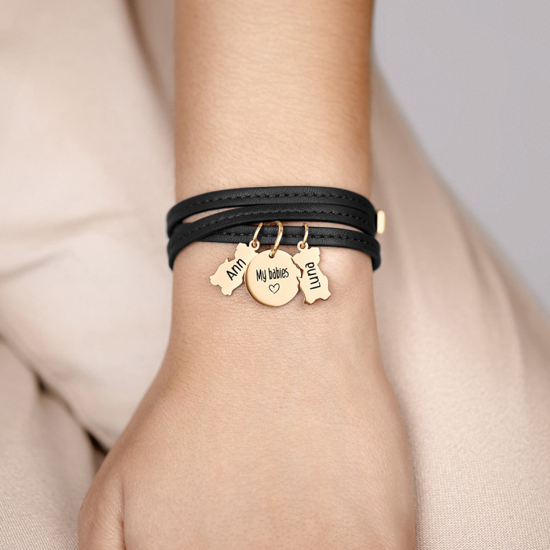 Bracelet Personnalisé Plusieurs Chiens en Cuir Noir - Gold - 62