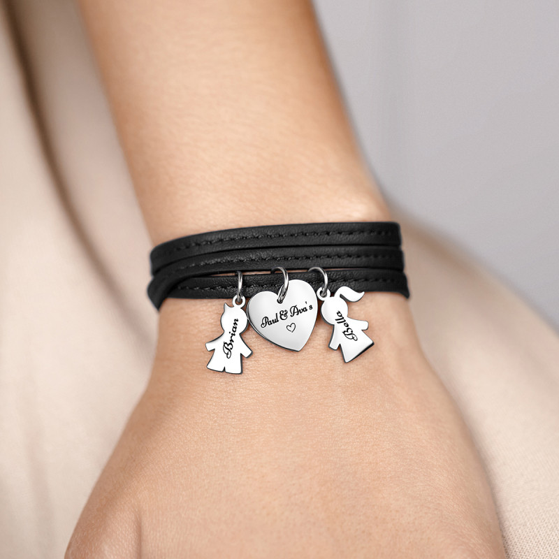 Bracelet Personnalisé Fils & Fille en Cuir Noir