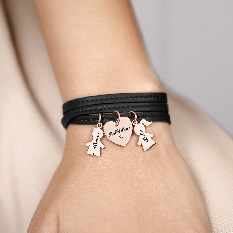 Bracelet Personnalisé Fils & Fille en Cuir Noir - Rosegold - 61