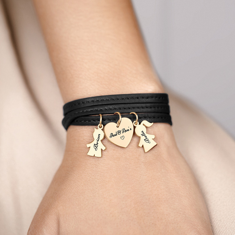 Bracelet Personnalisé Fils & Fille en Cuir Noir - Gold - 62