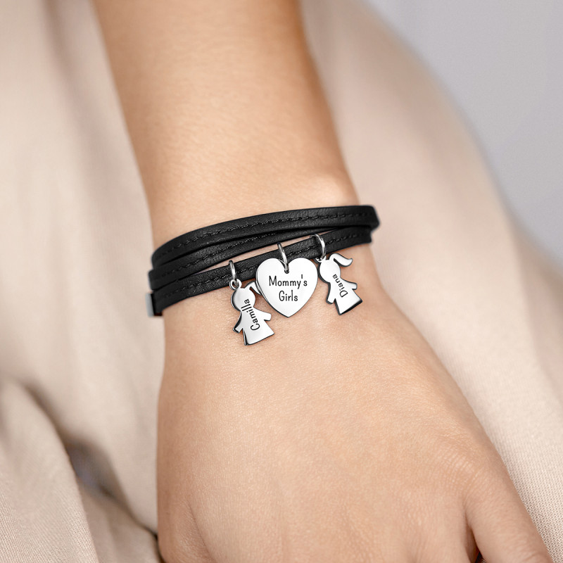 Bracelet Personnalisé Plusieurs Filles en Cuir Noir