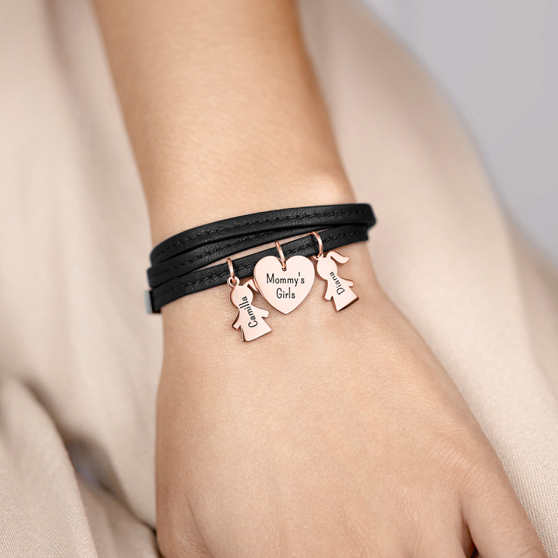 Bracelet Personnalisé Plusieurs Filles en Cuir Noir - Rosegold - 61