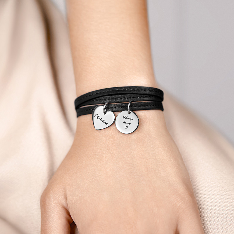 Bracelet Personnalisé Coeur & Cercle en Cuir Noir