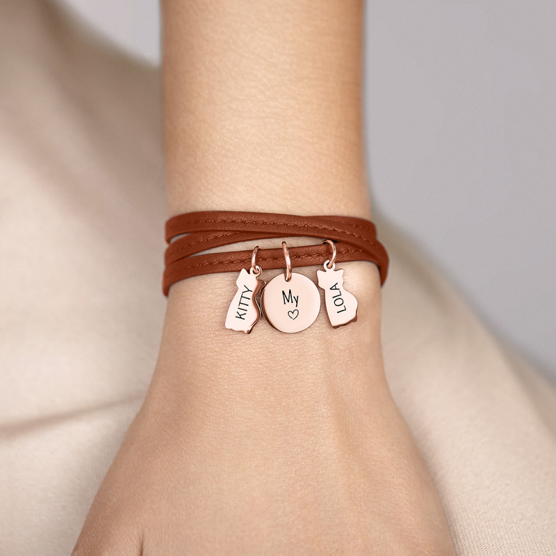 Bracelet Personnalisé Plusieurs Chats en Cuir Marron - Rosegold - 61