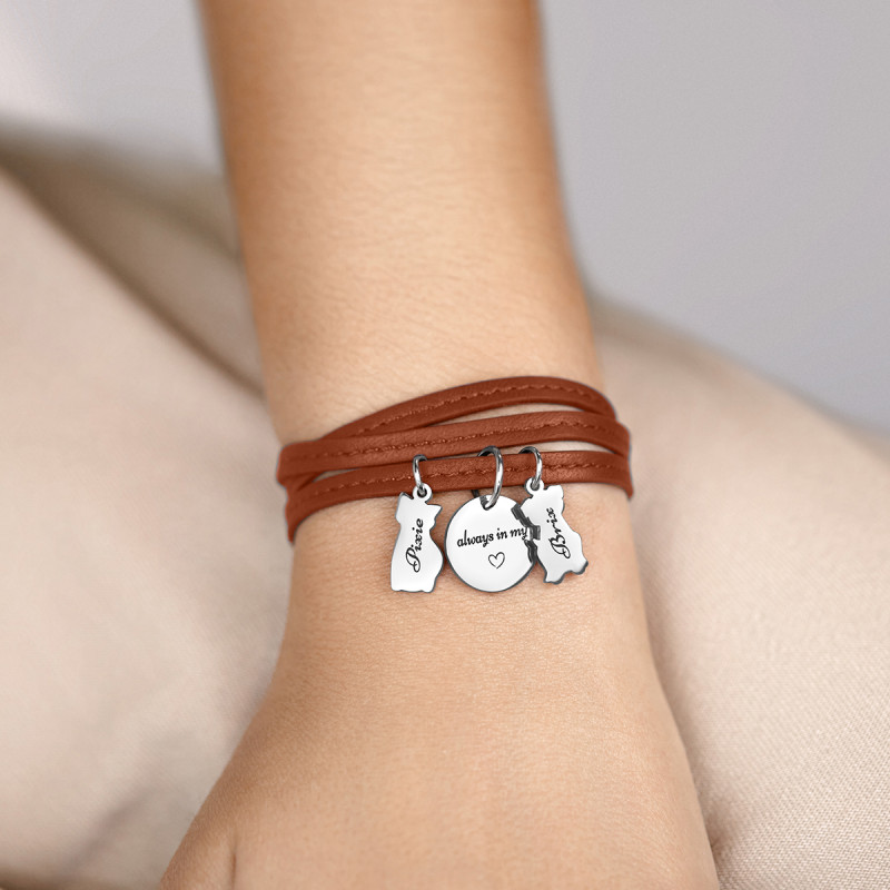 Bracelet Personnalisé Chien et Chat en Cuir Marron