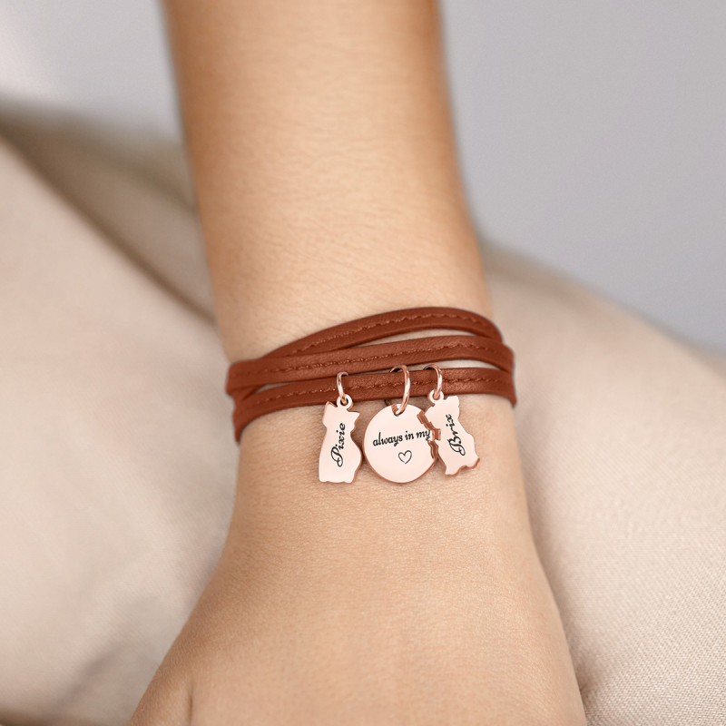 Bracelet Personnalisé Chien et Chat en Cuir Marron - Rosegold - 61