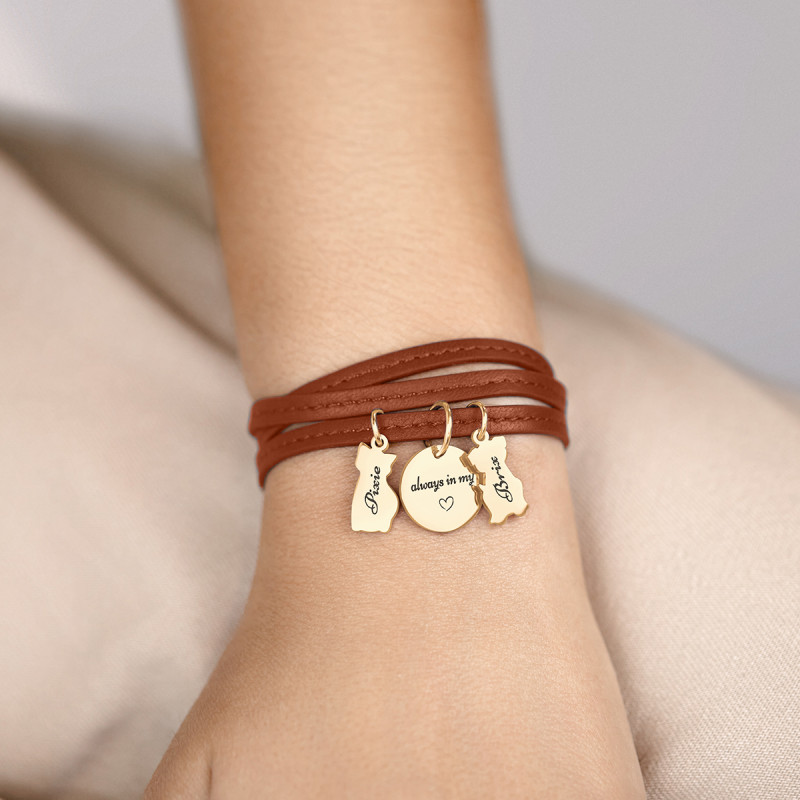 Bracelet Personnalisé Chien et Chat en Cuir Marron - Gold - 62