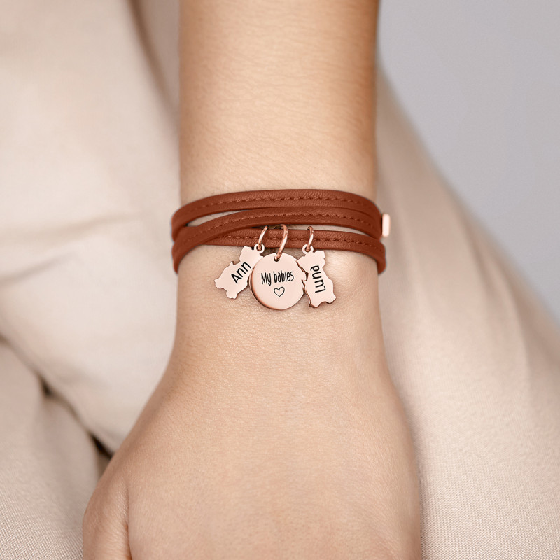 Bracelet Personnalisé Plusieurs Chiens en Cuir Marron - Rosegold - 61