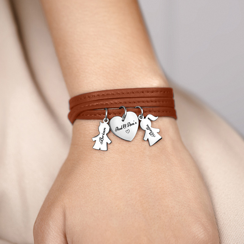 Bracelet Personnalisé Fils & Fille en Cuir Marron