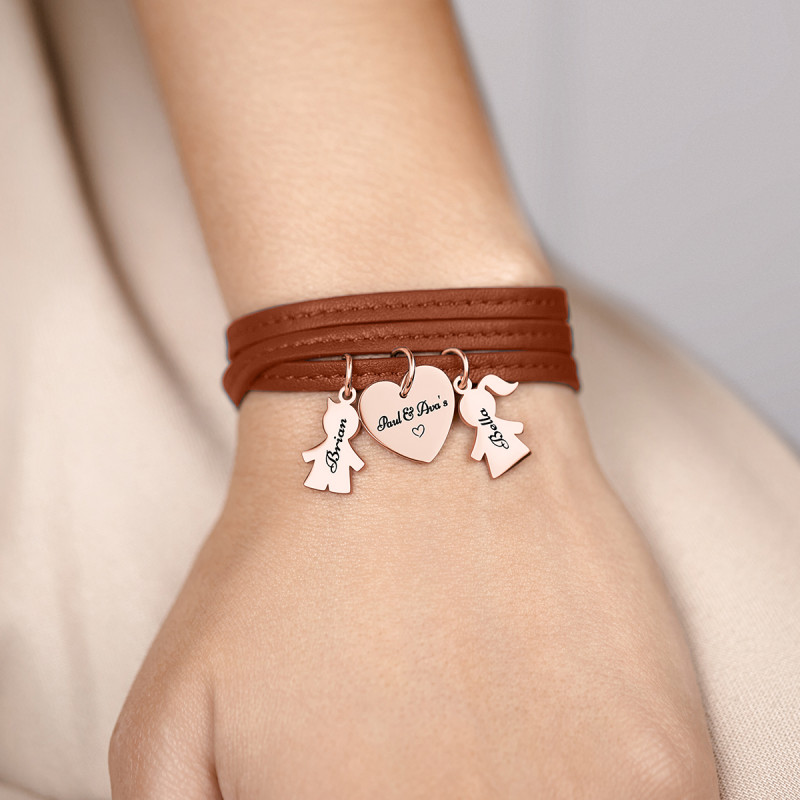 Bracelet Personnalisé Fils & Fille en Cuir Marron - Rosegold - 61