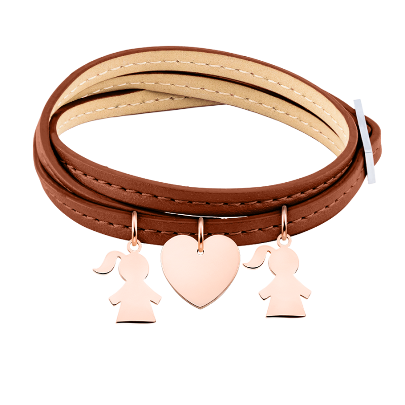 Bracelet Personnalisé Plusieurs Filles en Cuir Marron - Rosegold - 61