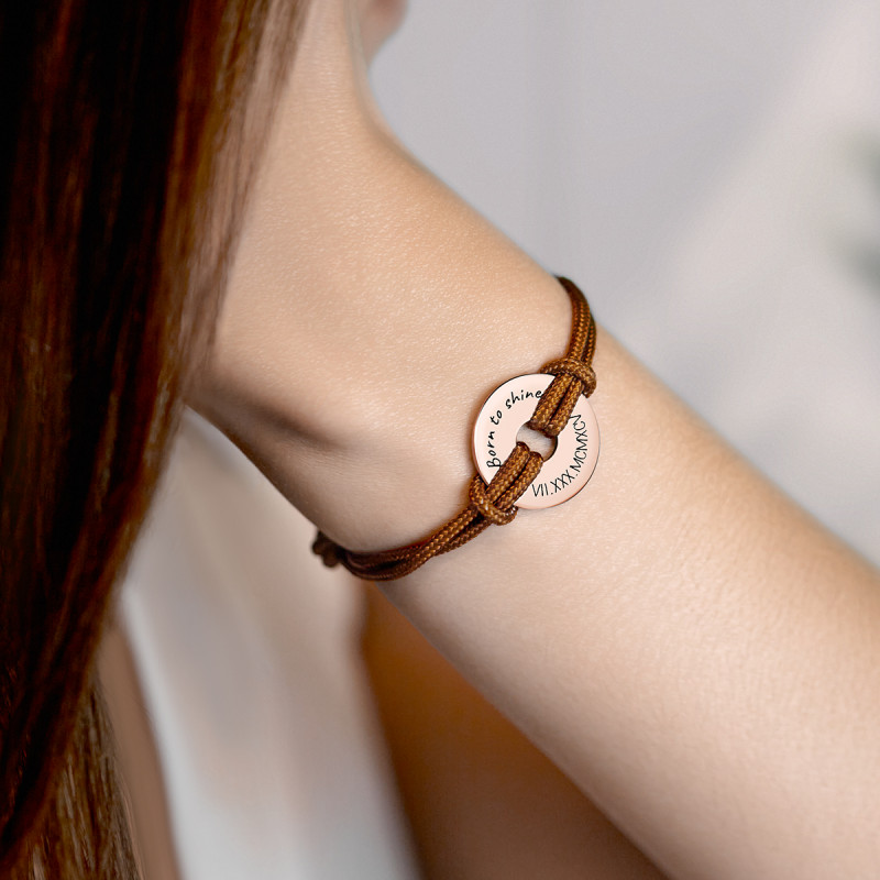 Disque Personnalisé avec Bracelet Corde en Marron - Rosegold - 61