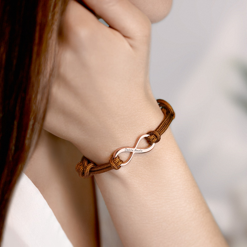 Signe Infini Personnalisé avec Bracelet Corde en Marron - Rosegold - 61